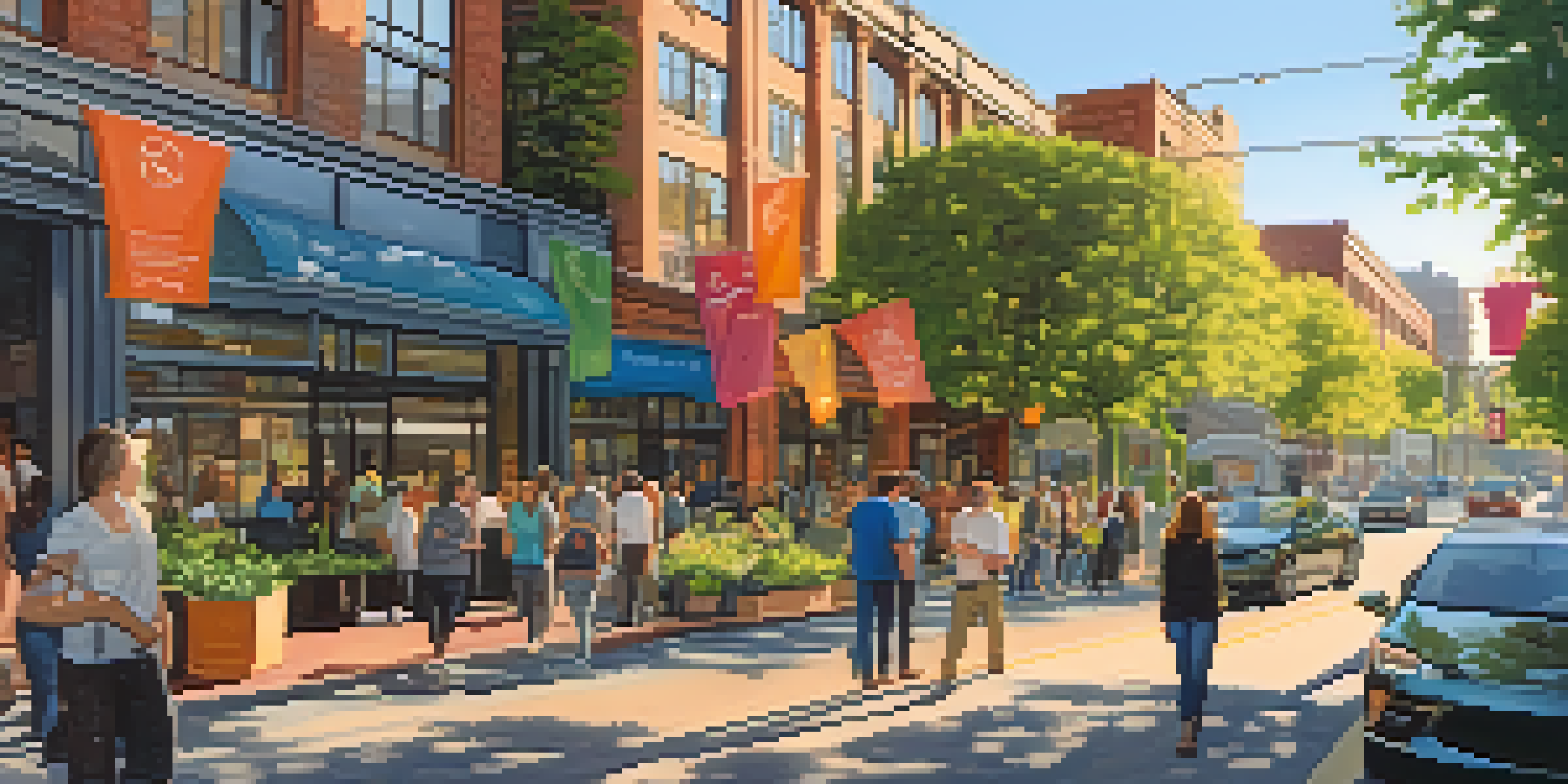 A busy city street in Oregon with diverse people collaborating outside modern tech buildings, surrounded by greenery and colorful banners.