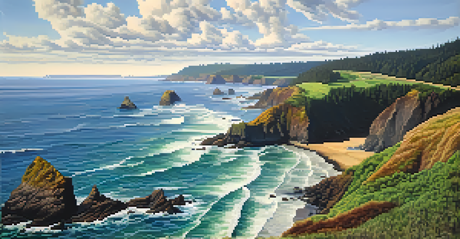 An aerial view of the Oregon Coast featuring rugged cliffs, crashing waves, and surfers, under a bright blue sky.