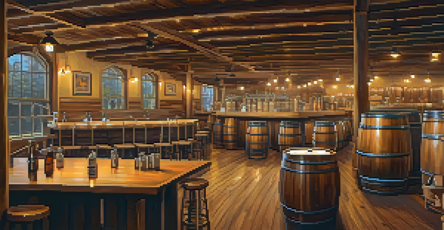 Inside a small Oregon craft brewery with wooden barrels, brewing equipment, and patrons enjoying drinks at a rustic table under warm lighting.