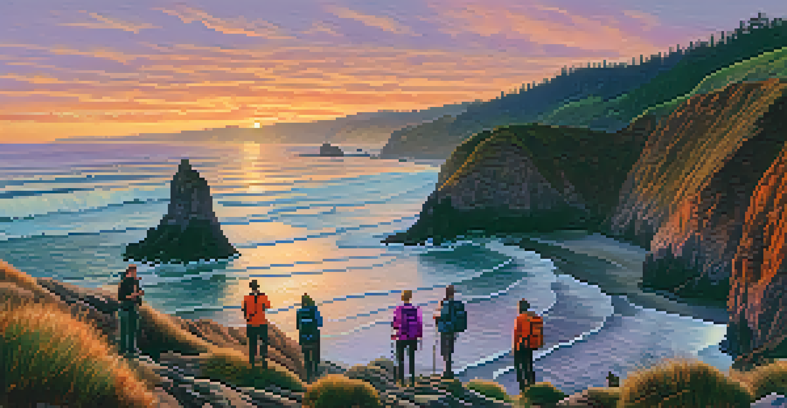 Hikers enjoying a sunset view of the rugged Oregon coastline, with colorful skies and crashing waves.