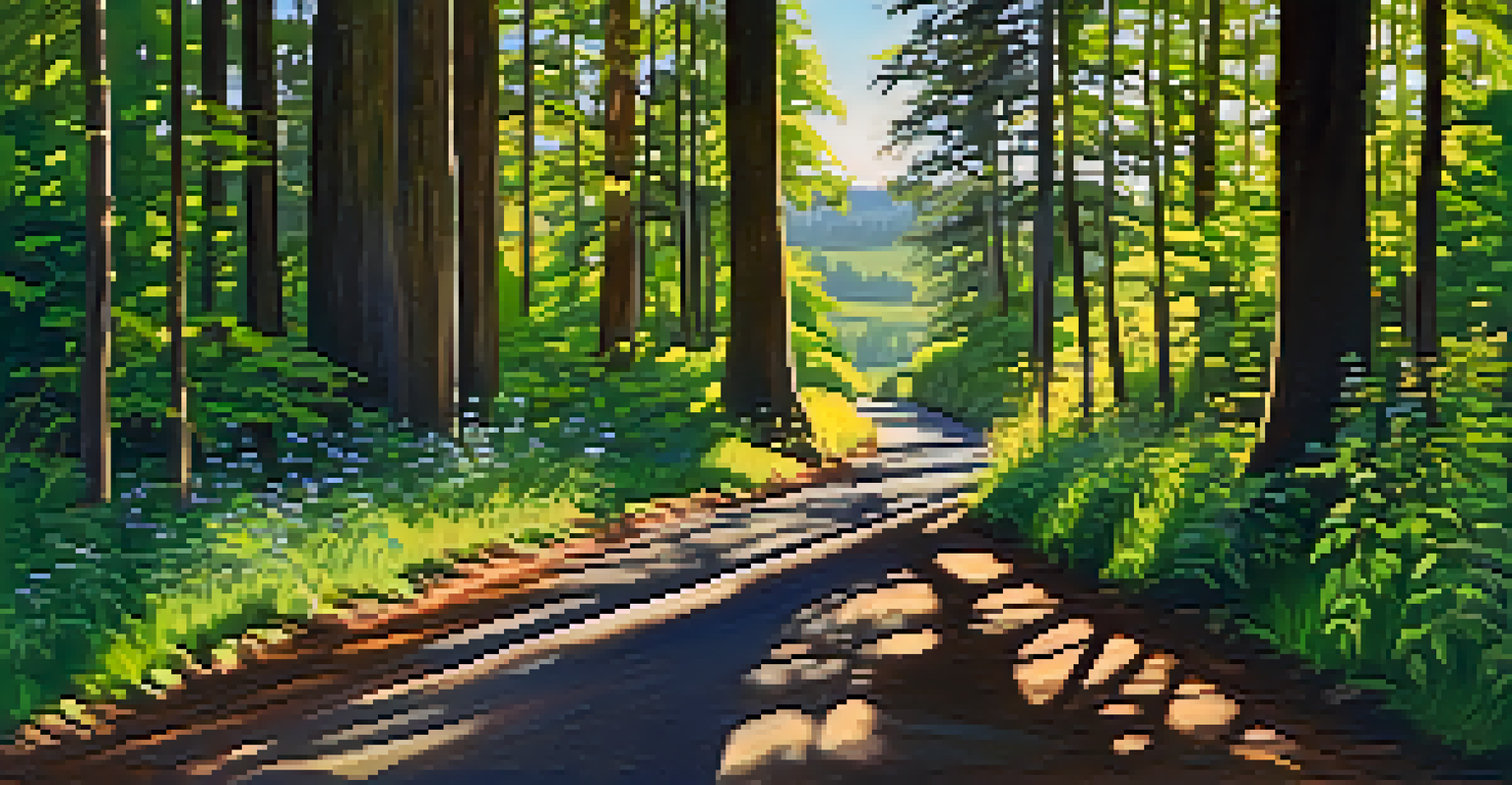 A forest trail at Lewis and Clark National Historical Park with tall trees, wildflowers, and sunlight filtering through the leaves, with Fort Clatsop in the background.