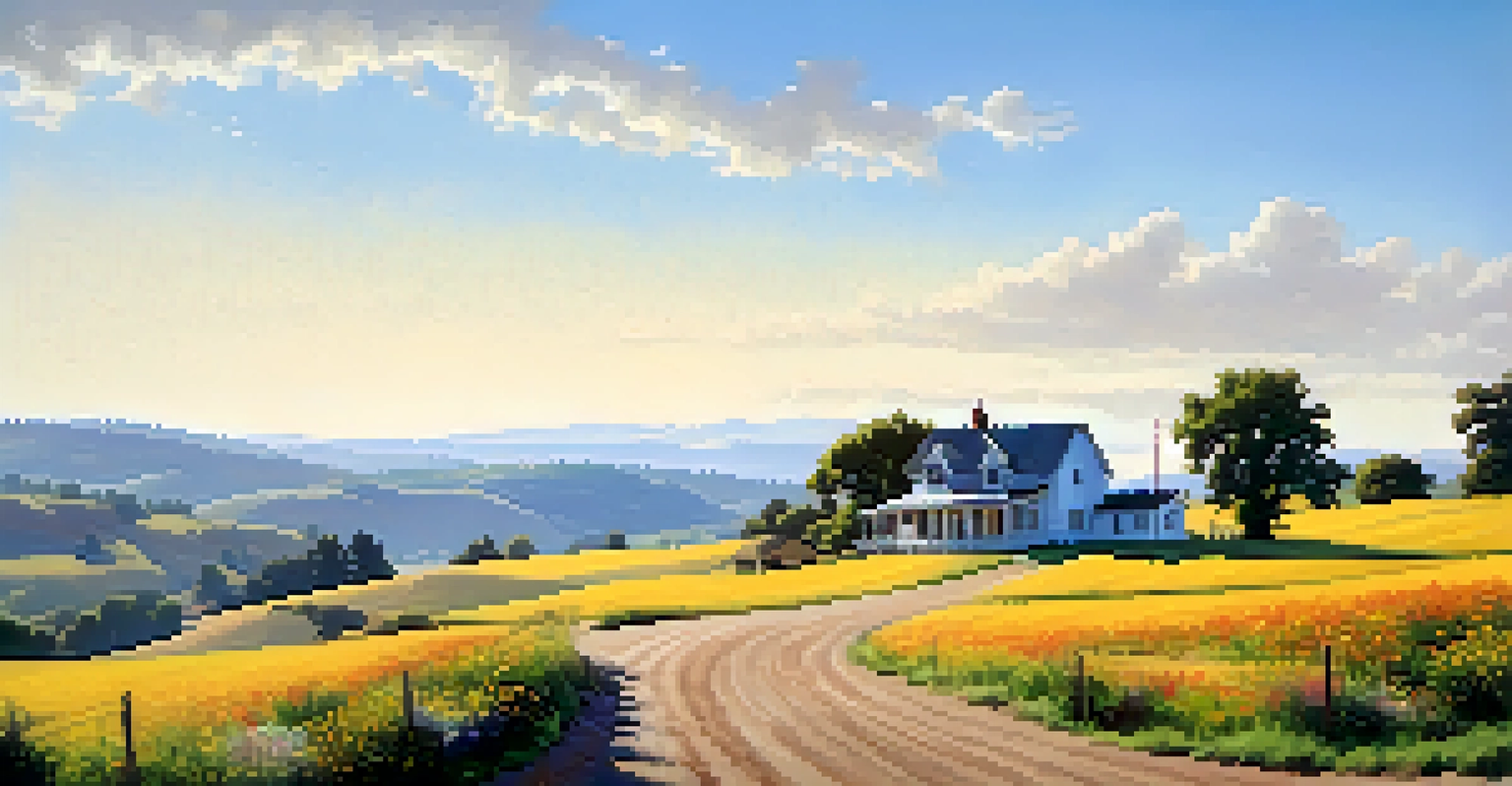 A rural landscape in Oregon with a farmhouse, rolling hills, and wildflowers.