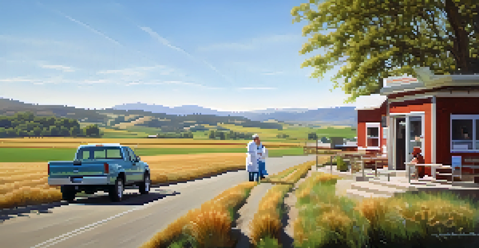 A rural healthcare clinic in Oregon with a nurse and patient outside, surrounded by beautiful hills and a clear sky.