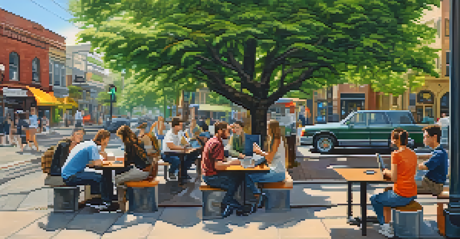 Young professionals working on laptops outside a café in Portland, Oregon, with greenery and street art in the background.