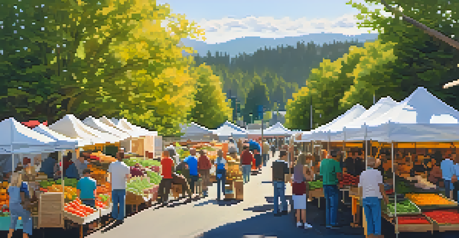 A lively farmer's market in Oregon filled with colorful produce, handmade crafts, and cheerful vendors under a sunny sky.