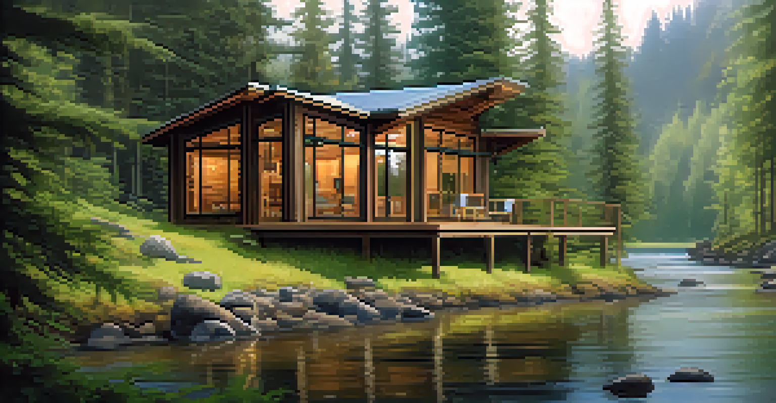 A cozy eco-friendly cabin in the Oregon forest, surrounded by trees and a peaceful stream.