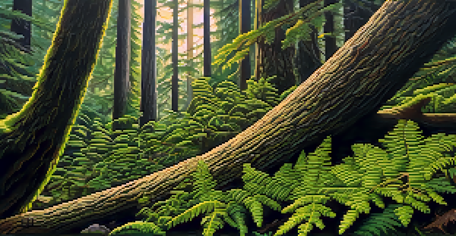A close-up of a Douglas fir tree in Oregon's temperate rainforest, showcasing its textured bark and green needles with sunlight filtering through.
