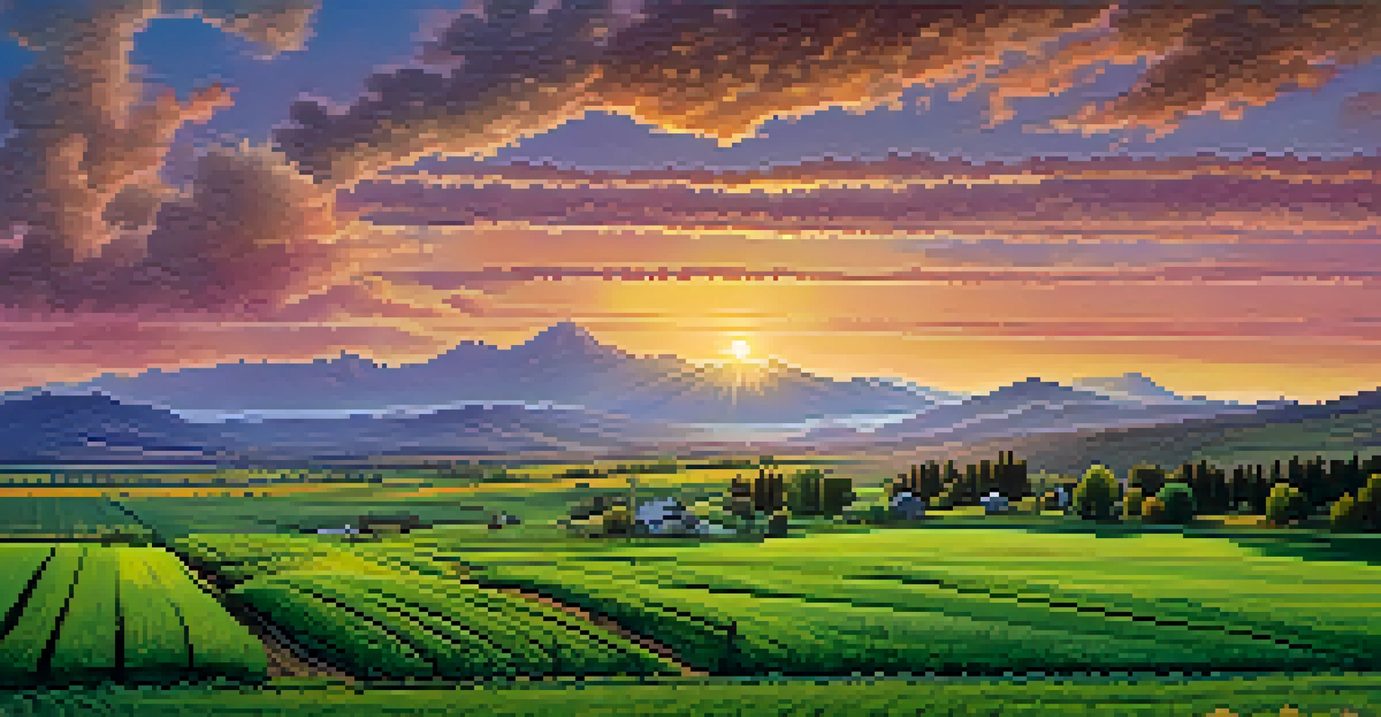 A scenic view of Oregon's agricultural fields at sunset, with farmers harvesting crops and mountains in the background.