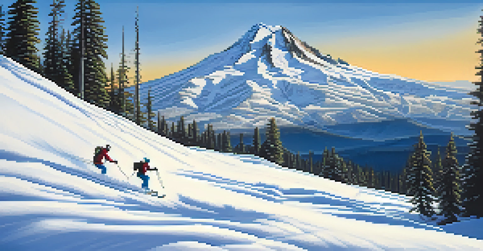 A winter scene at Mount Hood with skiers on snowy slopes and a backdrop of pine trees and a clear sky.
