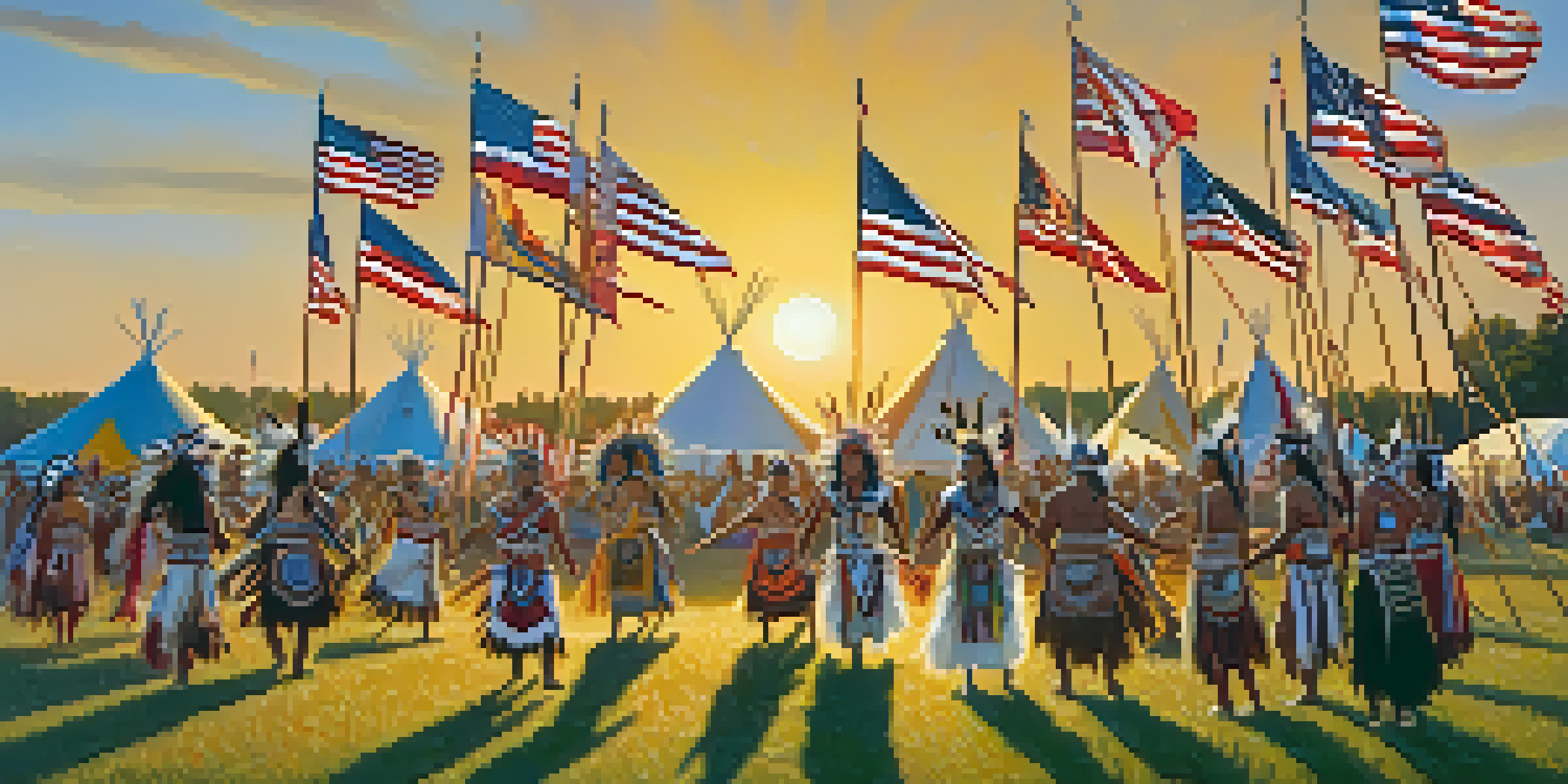 Native American dancers in traditional attire performing at a powwow, with colorful flags and a sunset in the background.