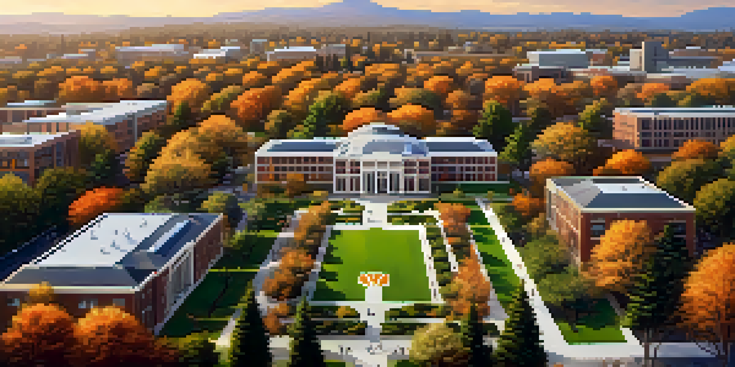 Aerial view of Oregon State University campus with green landscape and students, bathed in golden sunlight.