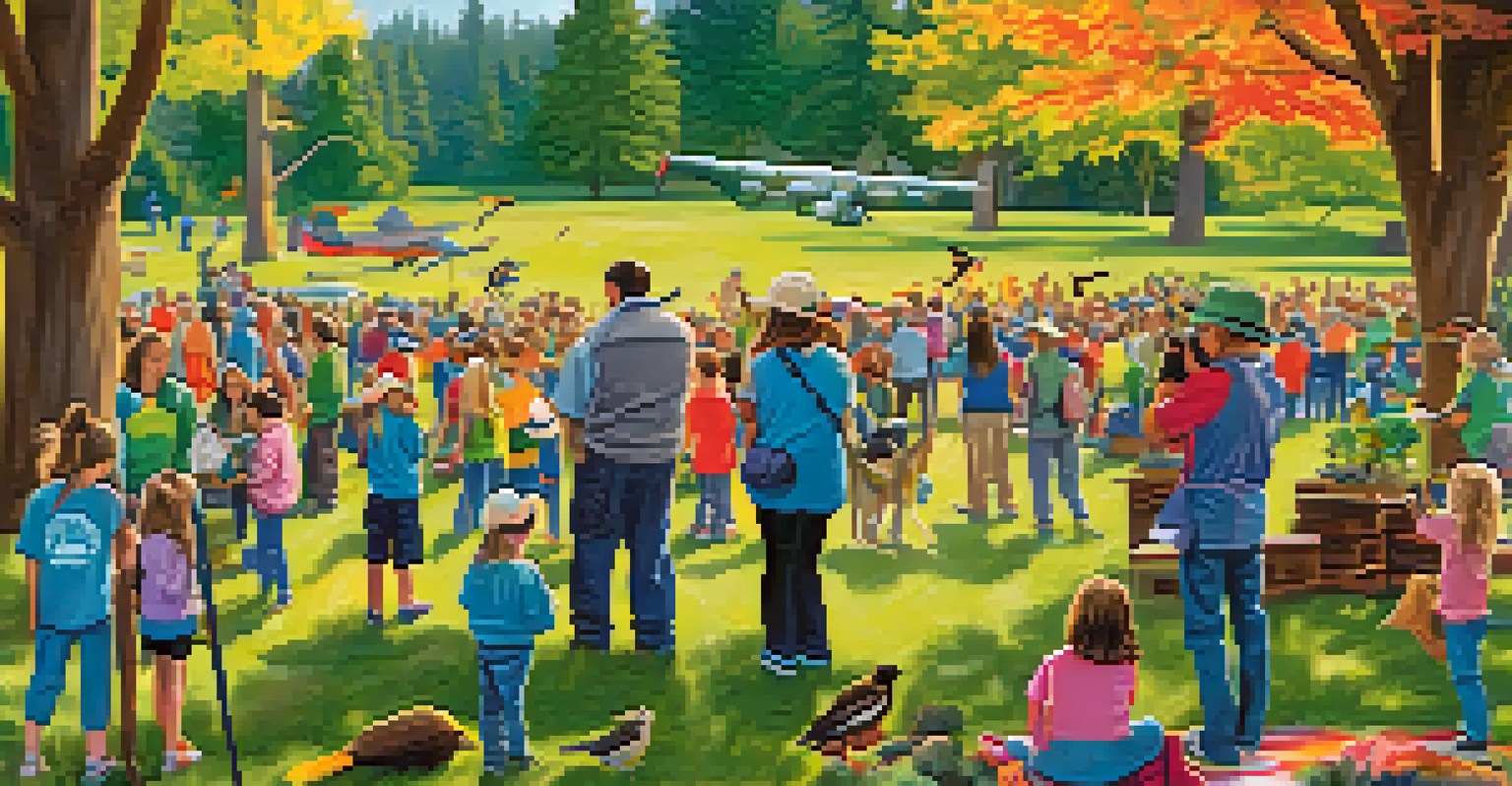 A community event in an Oregon park focused on bird conservation, with families and volunteers engaging in bird watching and gardening activities.