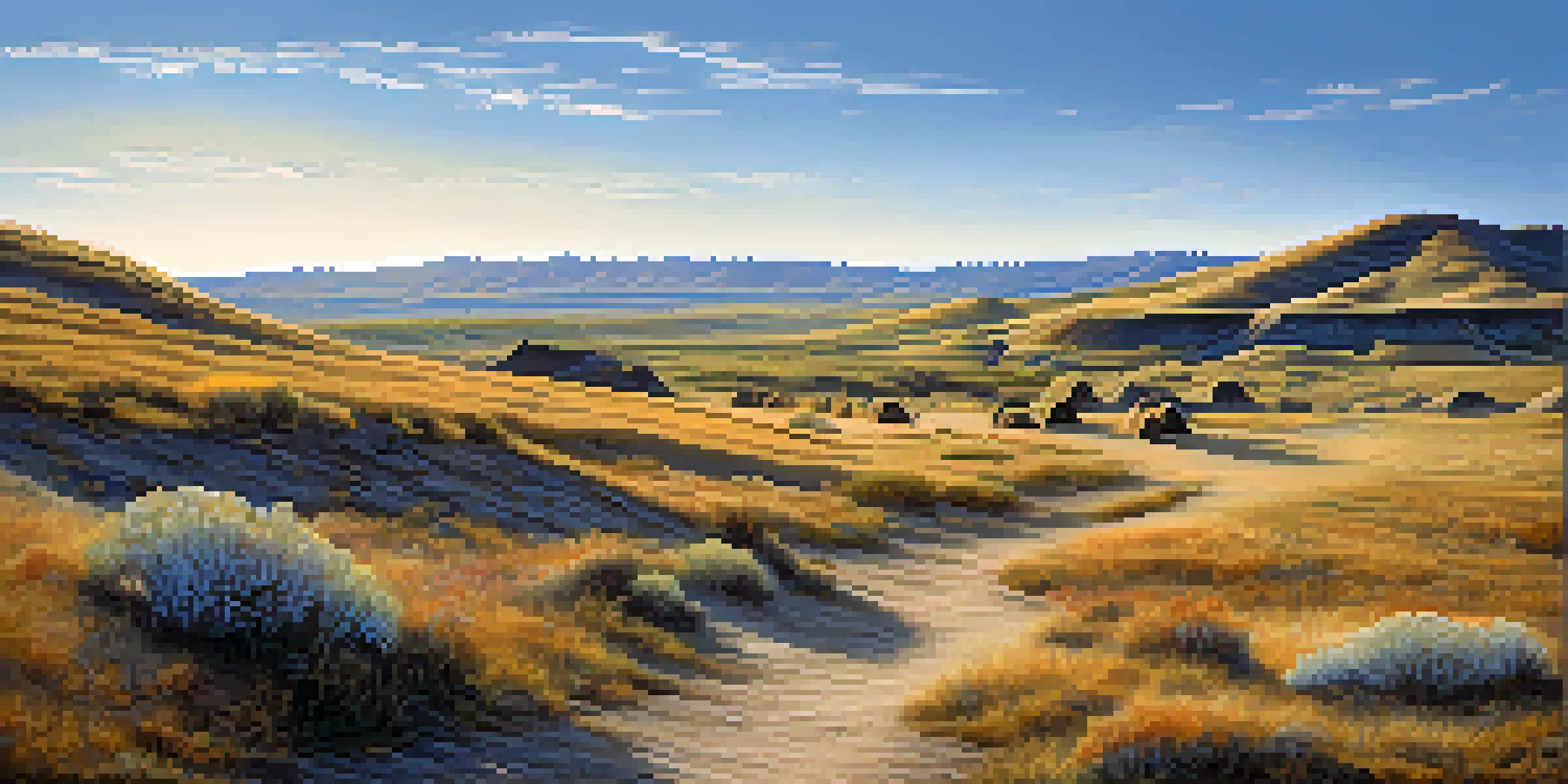 A scenic view of the Oregon Trail Ruts with deep wagon tracks in the ground, surrounded by hills and wildflowers under a clear blue sky.