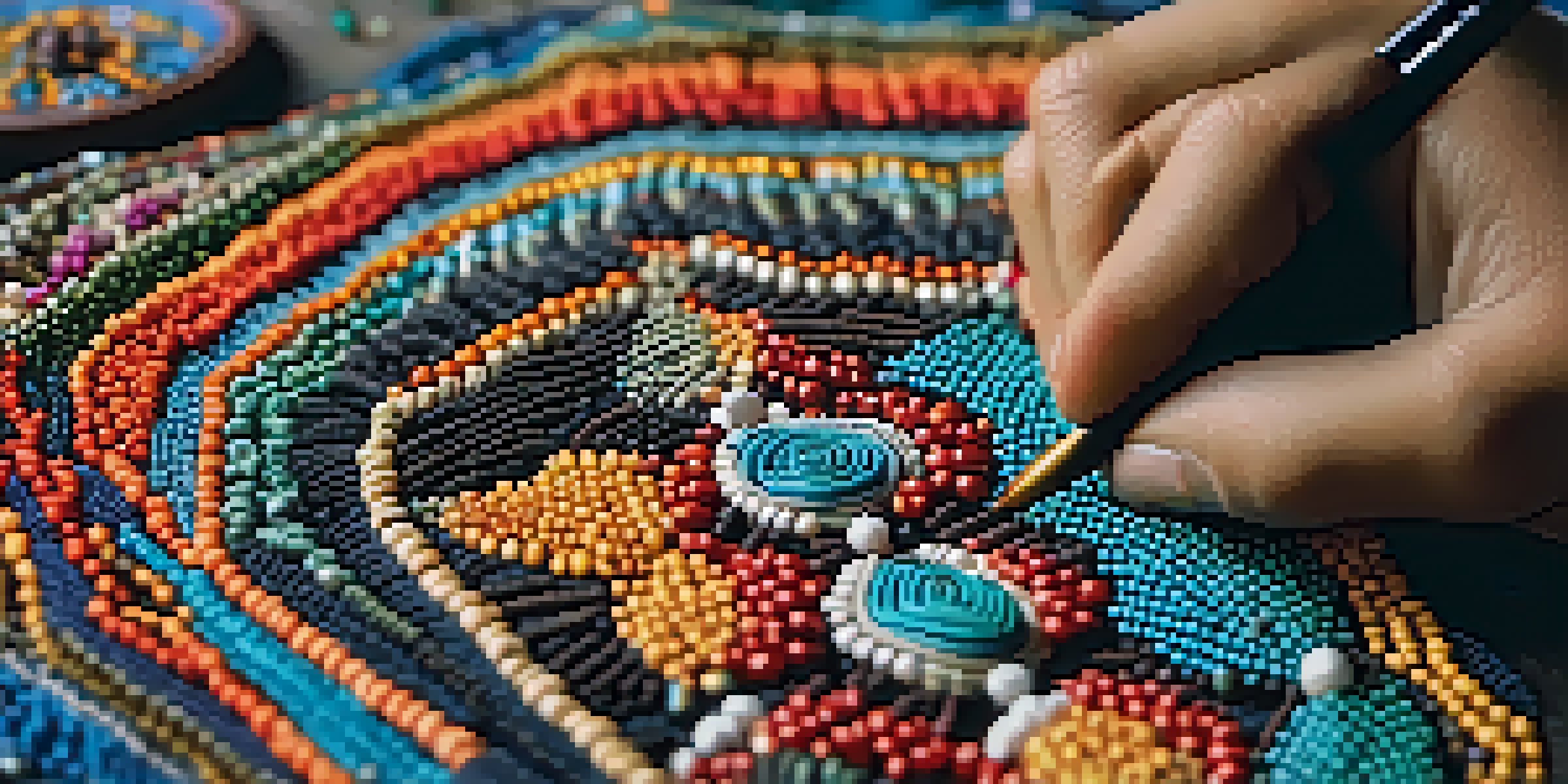 An Indigenous artisan creating beadwork, with colorful beads and materials around, focused on the detailed work.