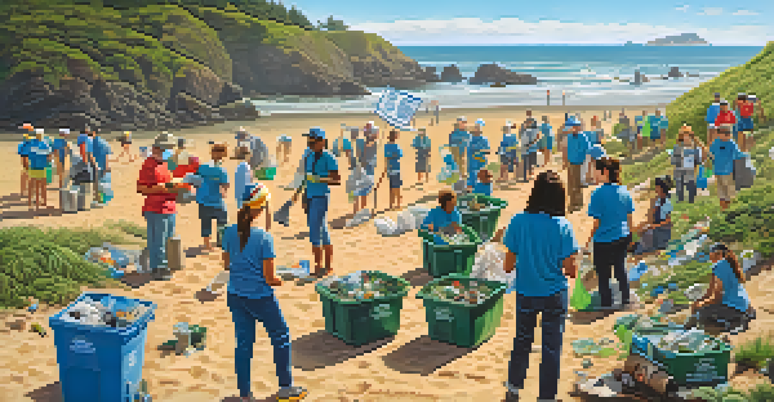 A community beach cleanup on Oregon's coastline with people collecting trash and banners about coastal conservation in the background.