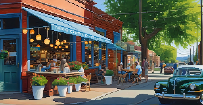 A lively street scene in a small Oregon town with a cozy coffee shop, colorful flowers, and locals enjoying drinks under a clear blue sky.
