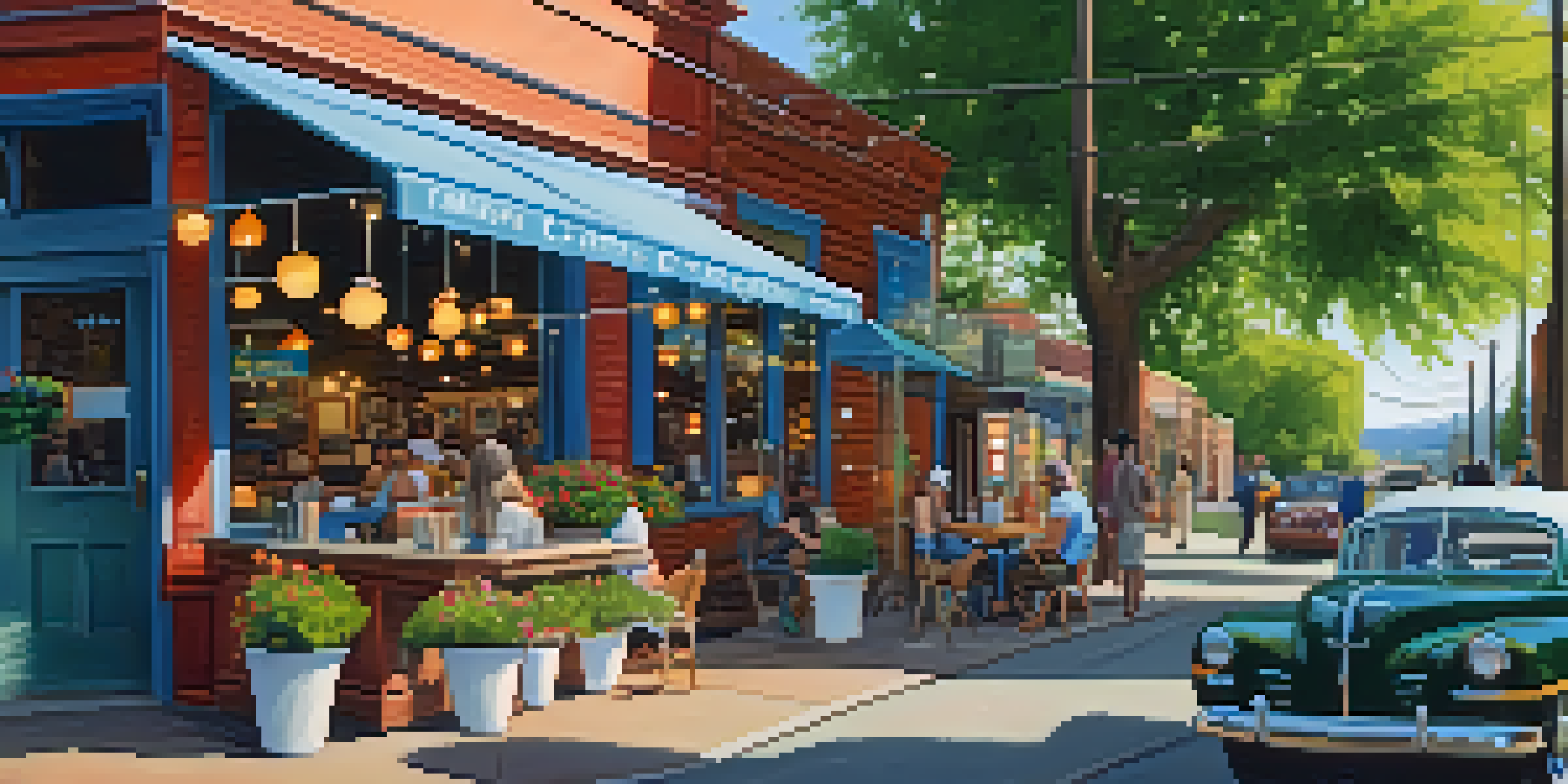 A lively street scene in a small Oregon town with a cozy coffee shop, colorful flowers, and locals enjoying drinks under a clear blue sky.