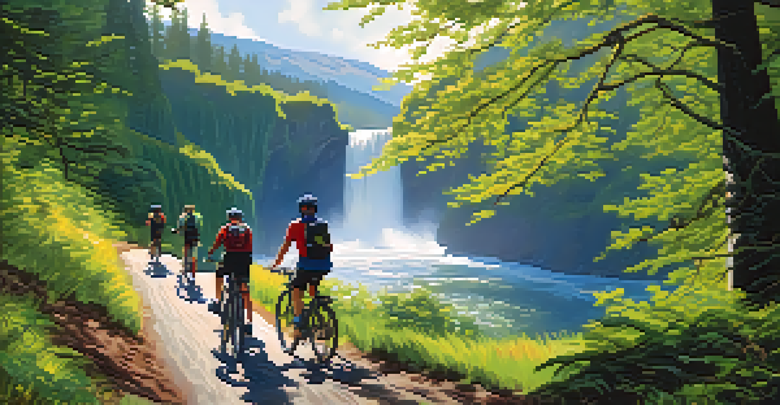 Eco-conscious travelers biking on a scenic trail in the Columbia River Gorge, with lush landscapes and waterfalls.