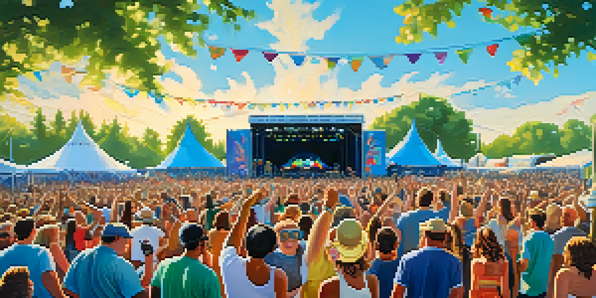 A lively outdoor music festival in Oregon with musicians performing on stage, surrounded by happy crowds and colorful tents under a bright blue sky.
