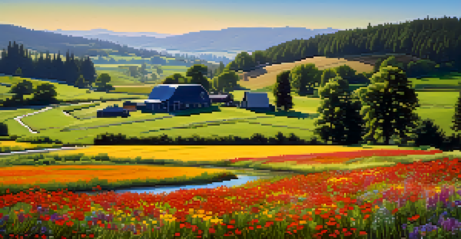 A picturesque Oregon farm with rolling hills, a vibrant field of wildflowers, and a clear blue sky, depicting the harmony of agriculture and nature.