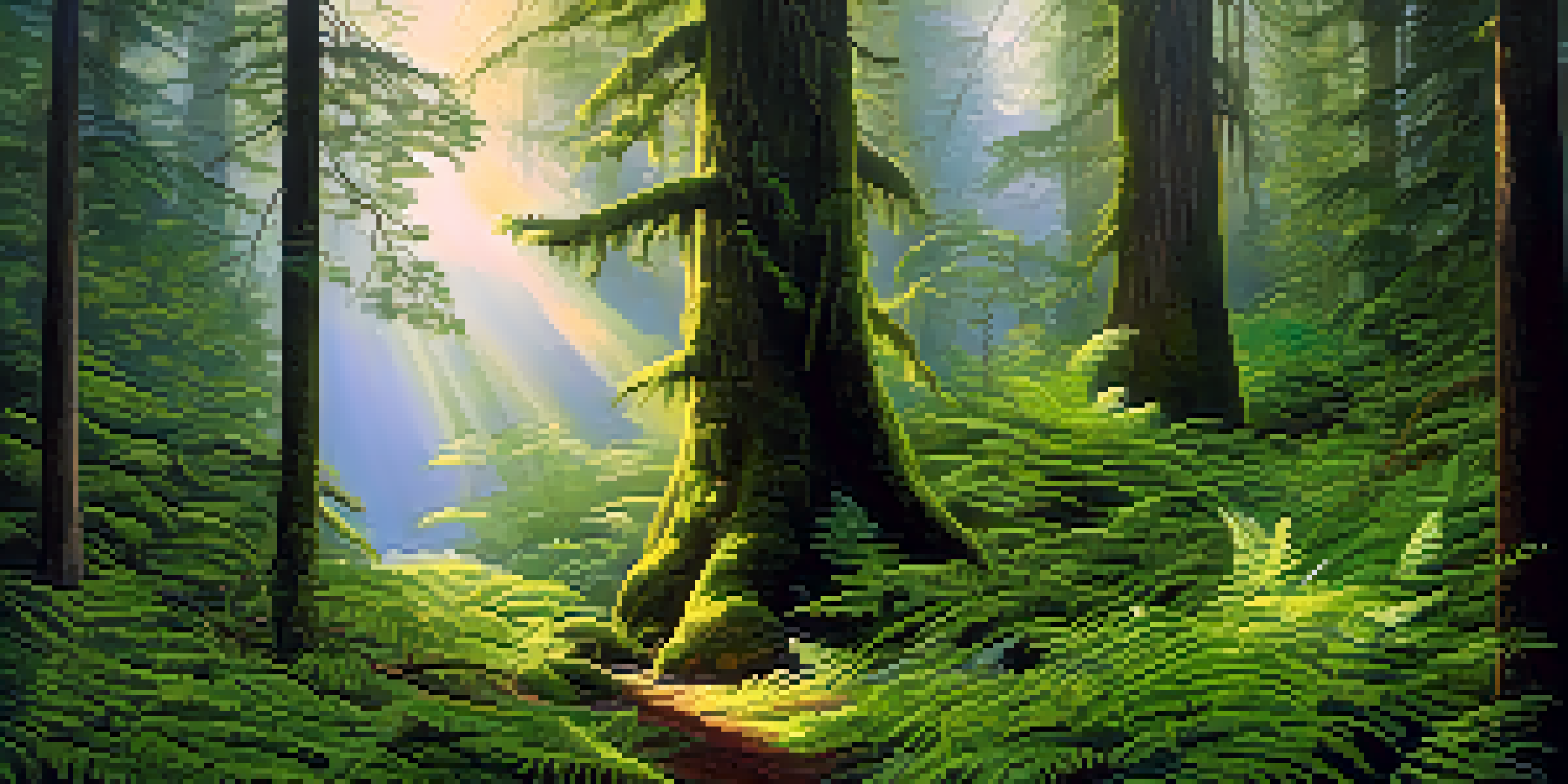 A tranquil coastal rainforest in Oregon, with tall trees and a misty atmosphere, sunlight filtering through the leaves.