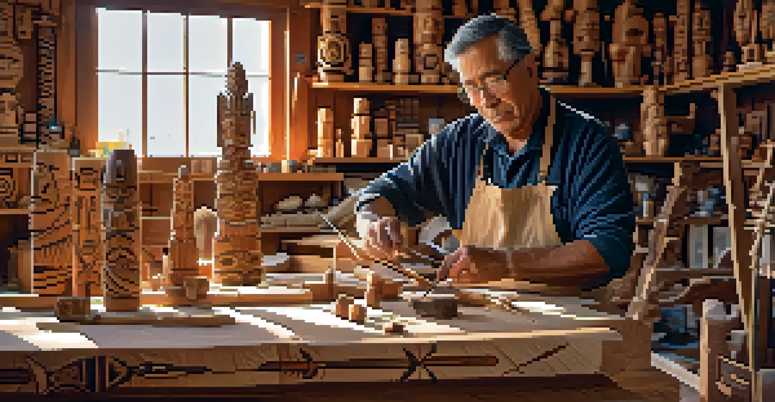 An artisan carving a totem pole in a workshop, with detailed animal carvings and natural light illuminating the scene.