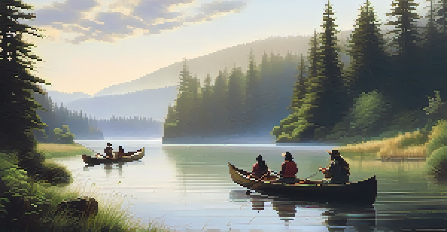 A peaceful Oregon coastal landscape with a river, Native American individuals fishing from canoes, and lush greenery.