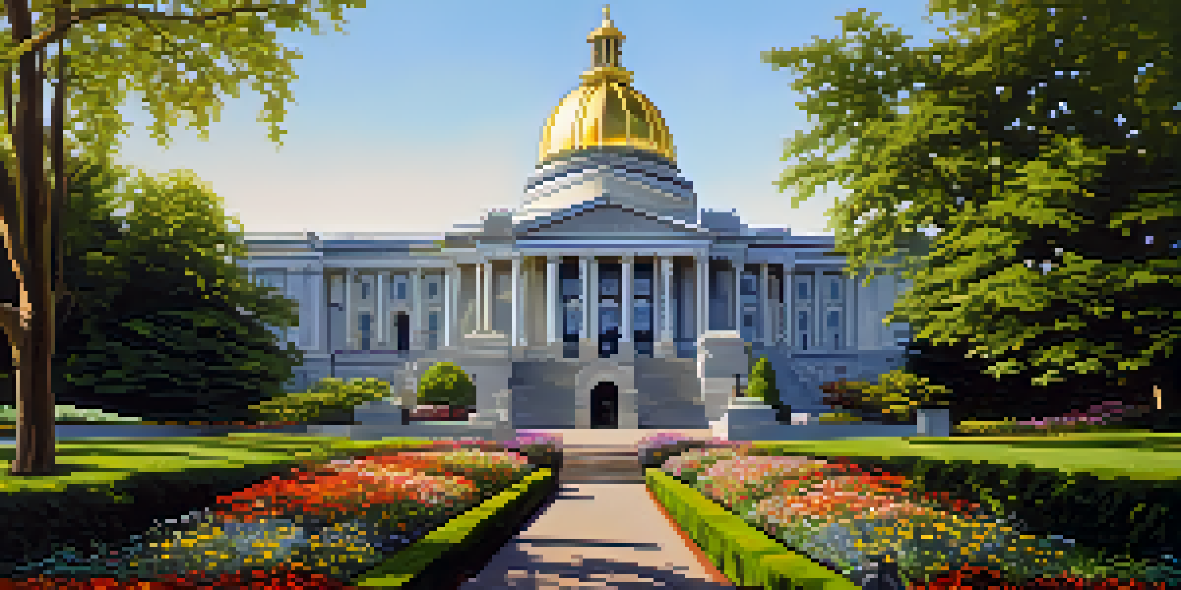 The Oregon State Capitol with a golden dome surrounded by colorful gardens and a clear sky.
