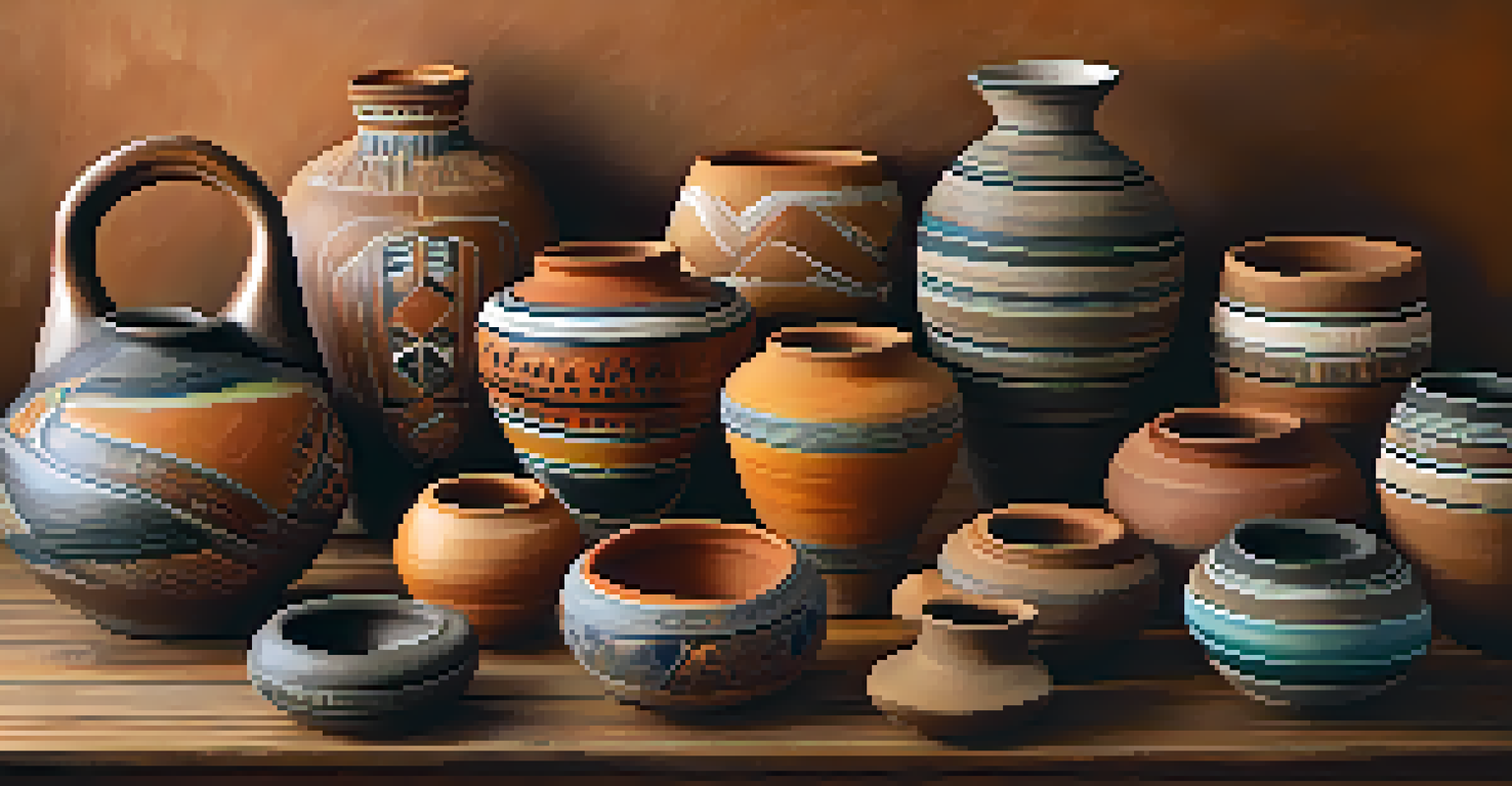 An array of traditional Indigenous pottery on a wooden table, highlighting unique designs and textures.