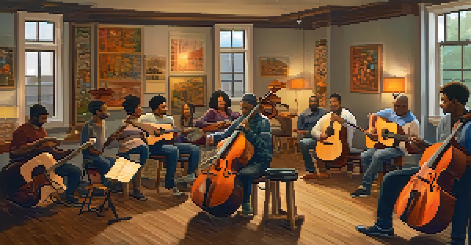 A cozy music workshop with diverse participants learning traditional instruments in a warm, welcoming community space.