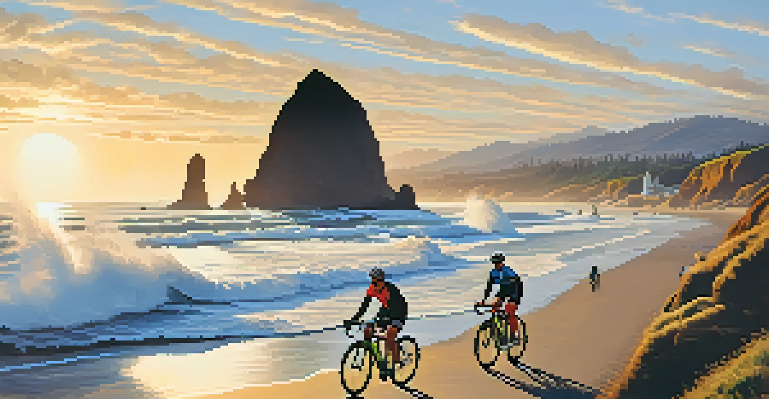Cyclists riding along a picturesque coastal trail with ocean waves and a sunset backdrop.