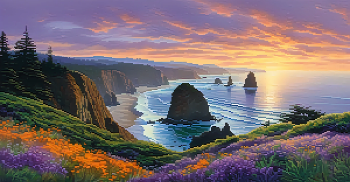 A panoramic view of Oregon's Pacific coastline at sunset with surfers in the distance and wildflowers in the foreground.
