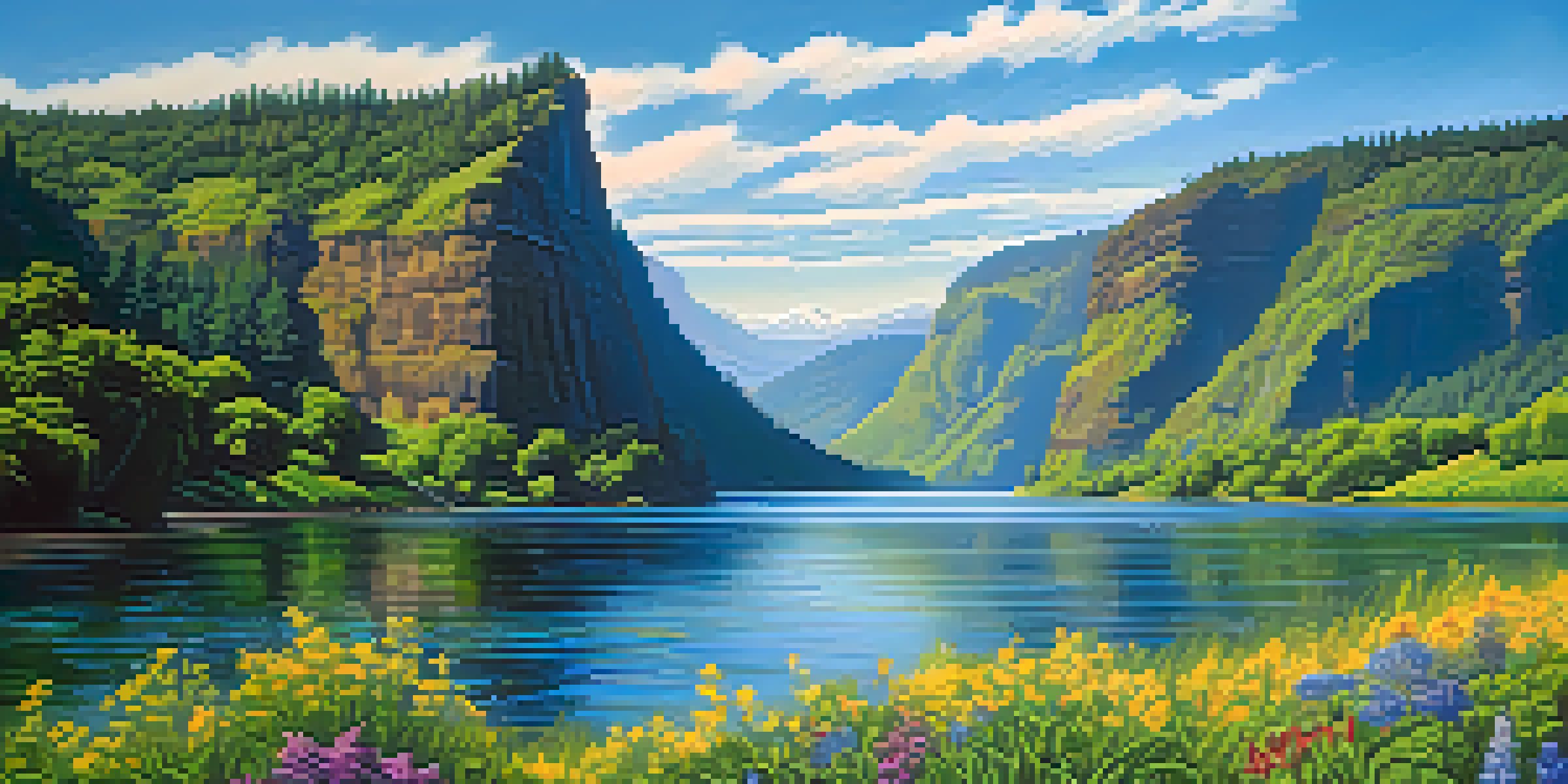 A vibrant landscape of the Columbia River Gorge with waterfalls, wildflowers, and cliffs under a clear sky.