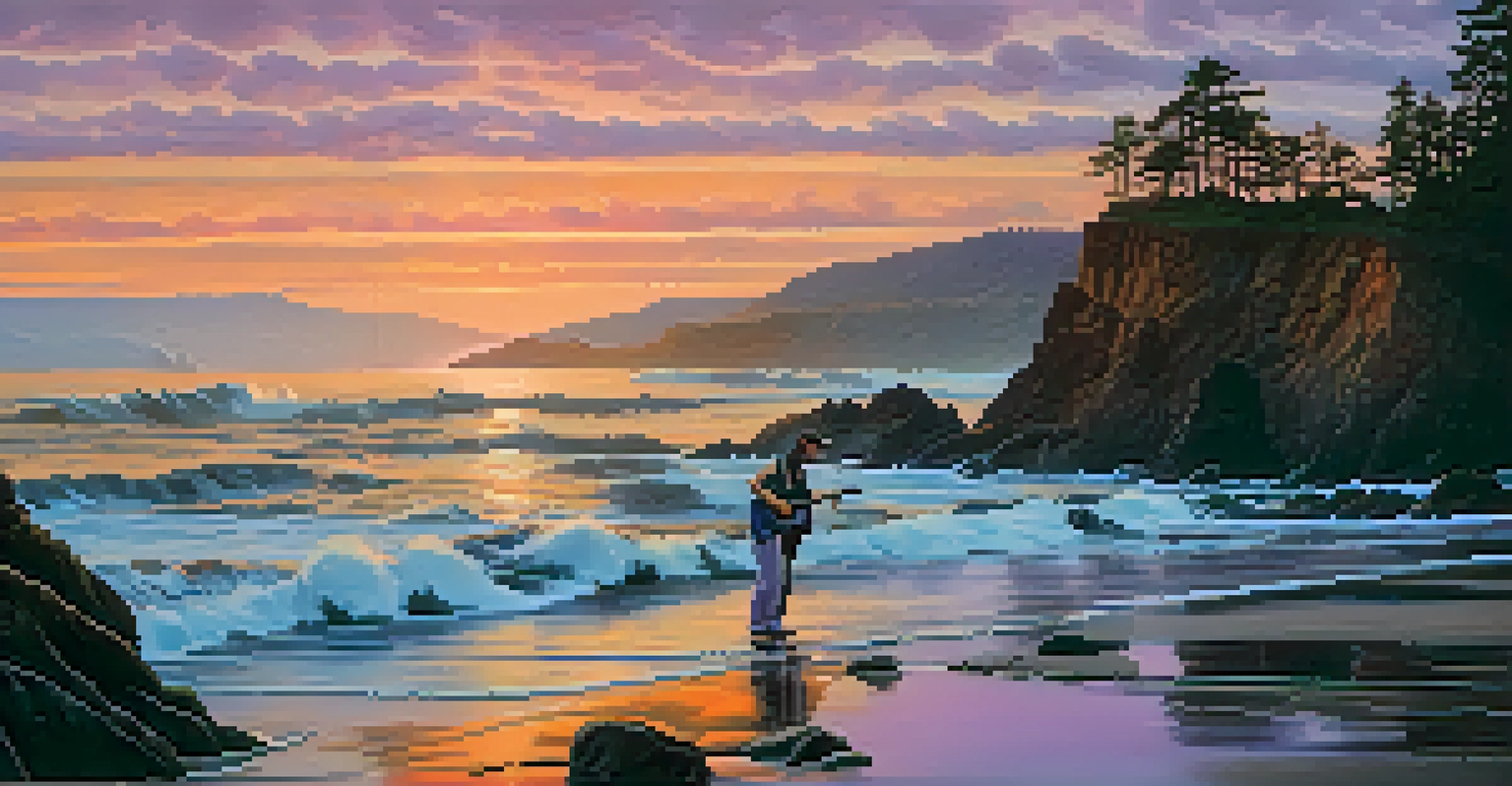 A musician playing a wooden flute on the rugged Oregon coastline at sunset, with waves crashing and a colorful sky reflecting on the ocean.