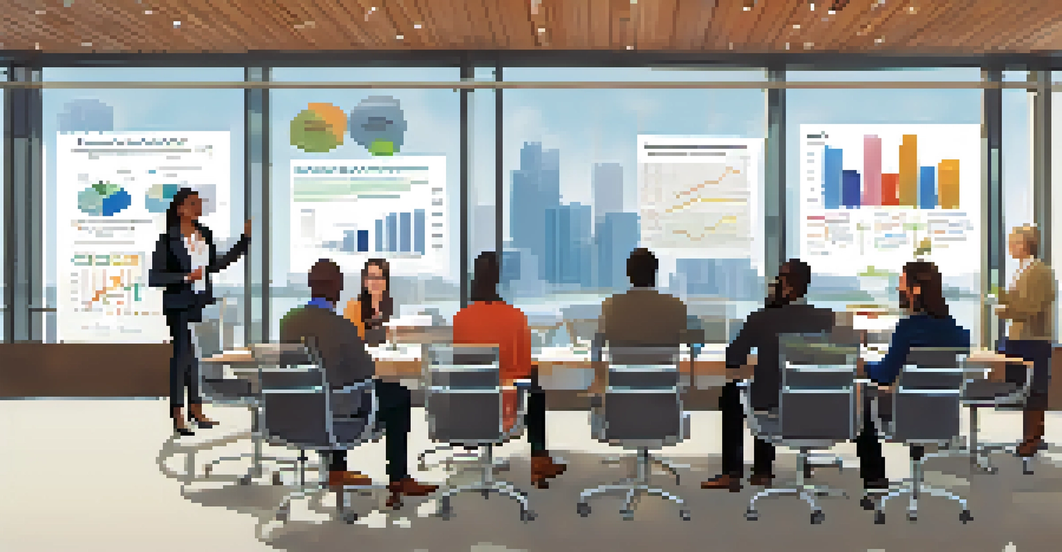 A diverse group of professionals in a conference room discussing workforce development strategies with charts displayed.