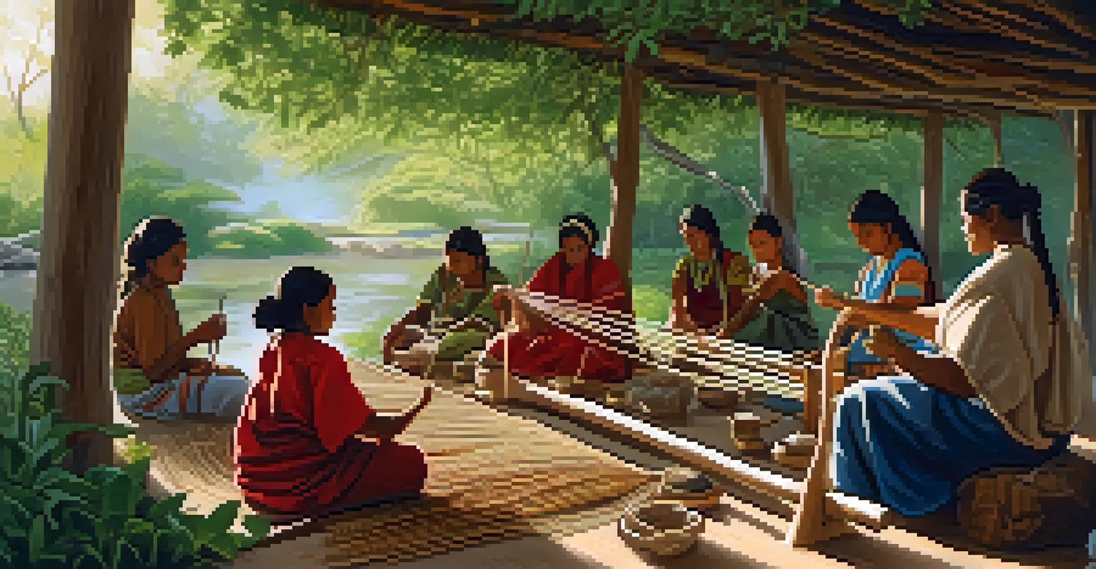 A group of Indigenous artisans weaving together outdoors, surrounded by nature and a serene stream.
