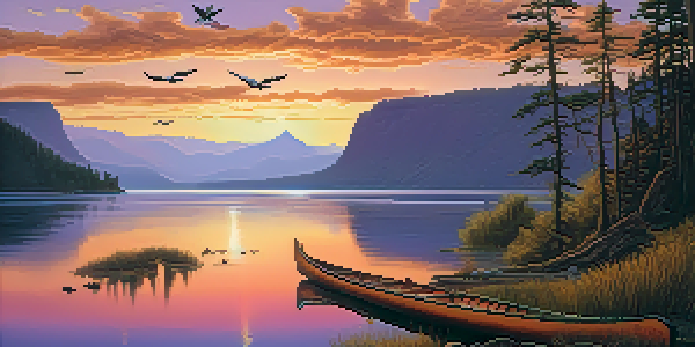 A picturesque view of the Columbia River at sunset with an Indigenous canoe on the water.