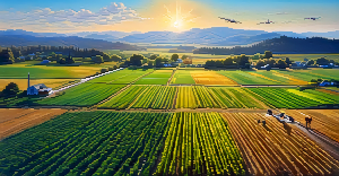 A farmer operating a drone over green fields in Oregon, illustrating the blend of agriculture and technology under a clear blue sky.