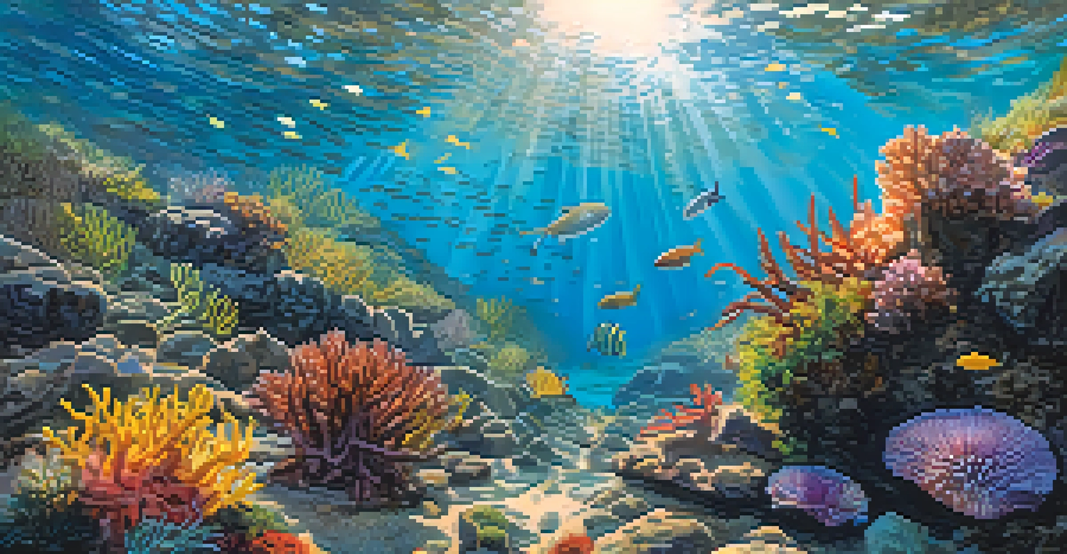 An underwater view of Oregon's marine ecosystem with colorful sea stars, sea urchins, and schools of fish among rocks and kelp.