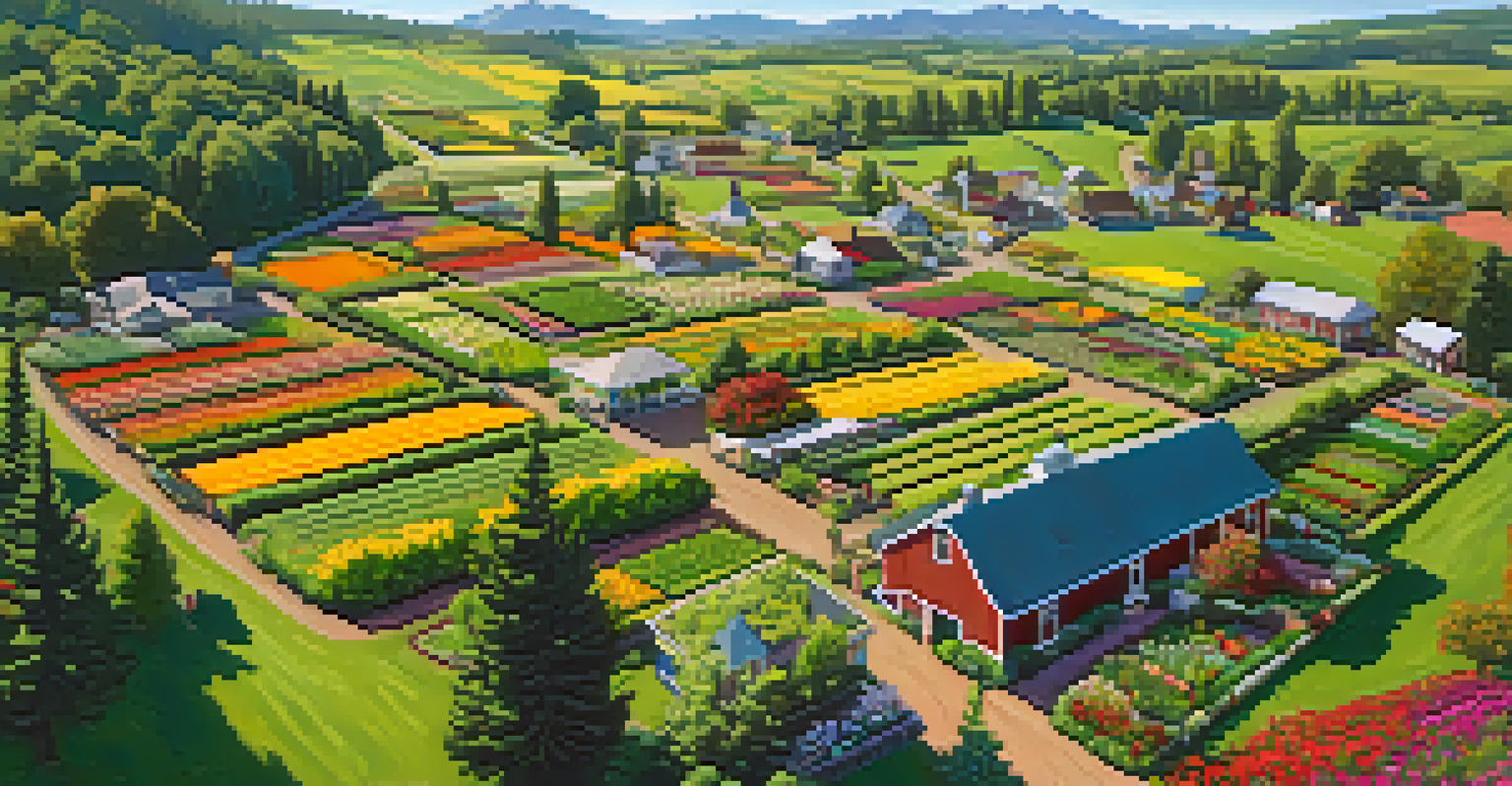 Aerial view of Silverton, Oregon, showcasing farmland and the vibrant Oregon Garden in bloom.