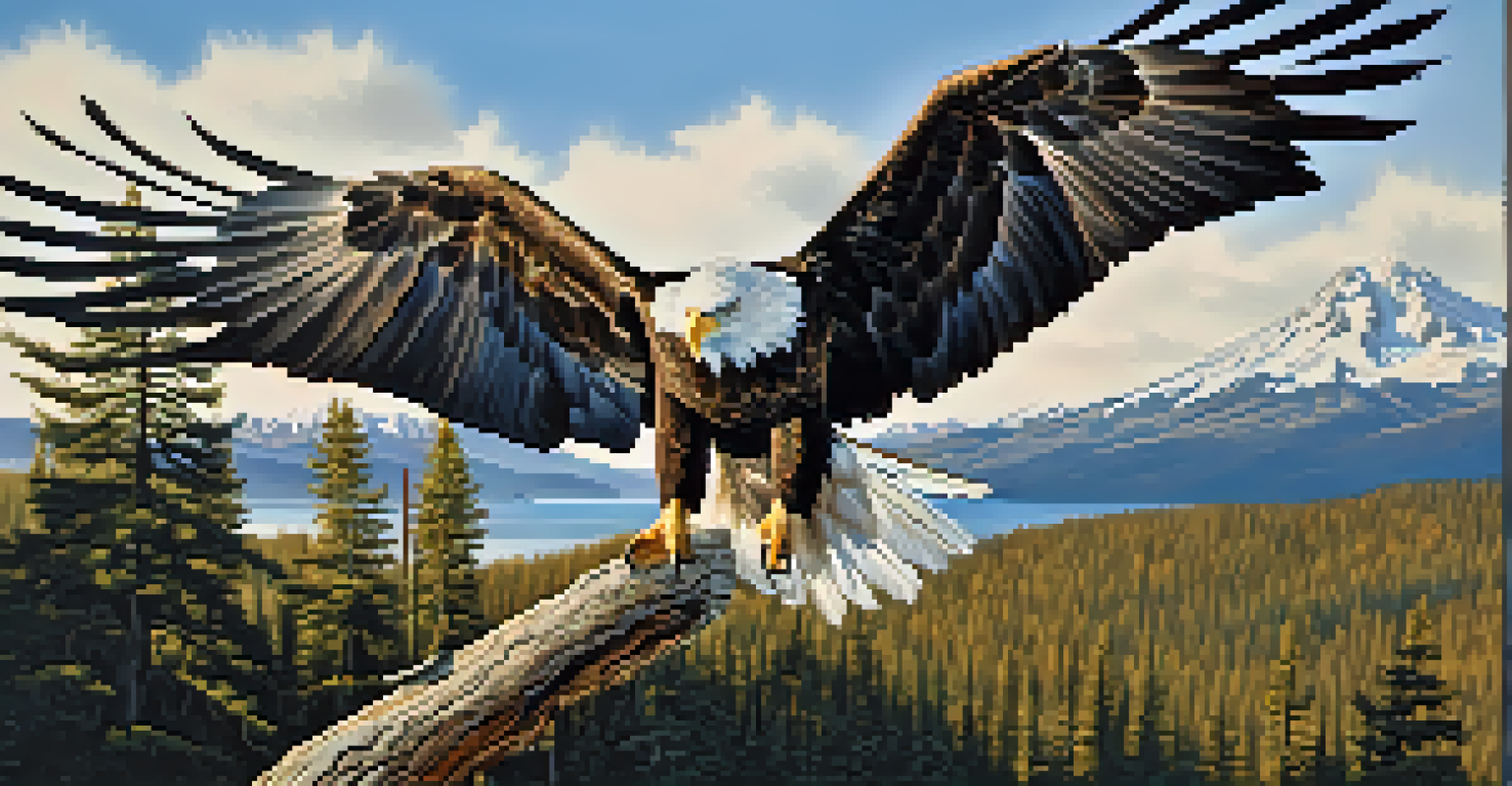 A close-up of a bald eagle perched on a branch with the Cascade Mountains in the background, showcasing its detailed feathers.