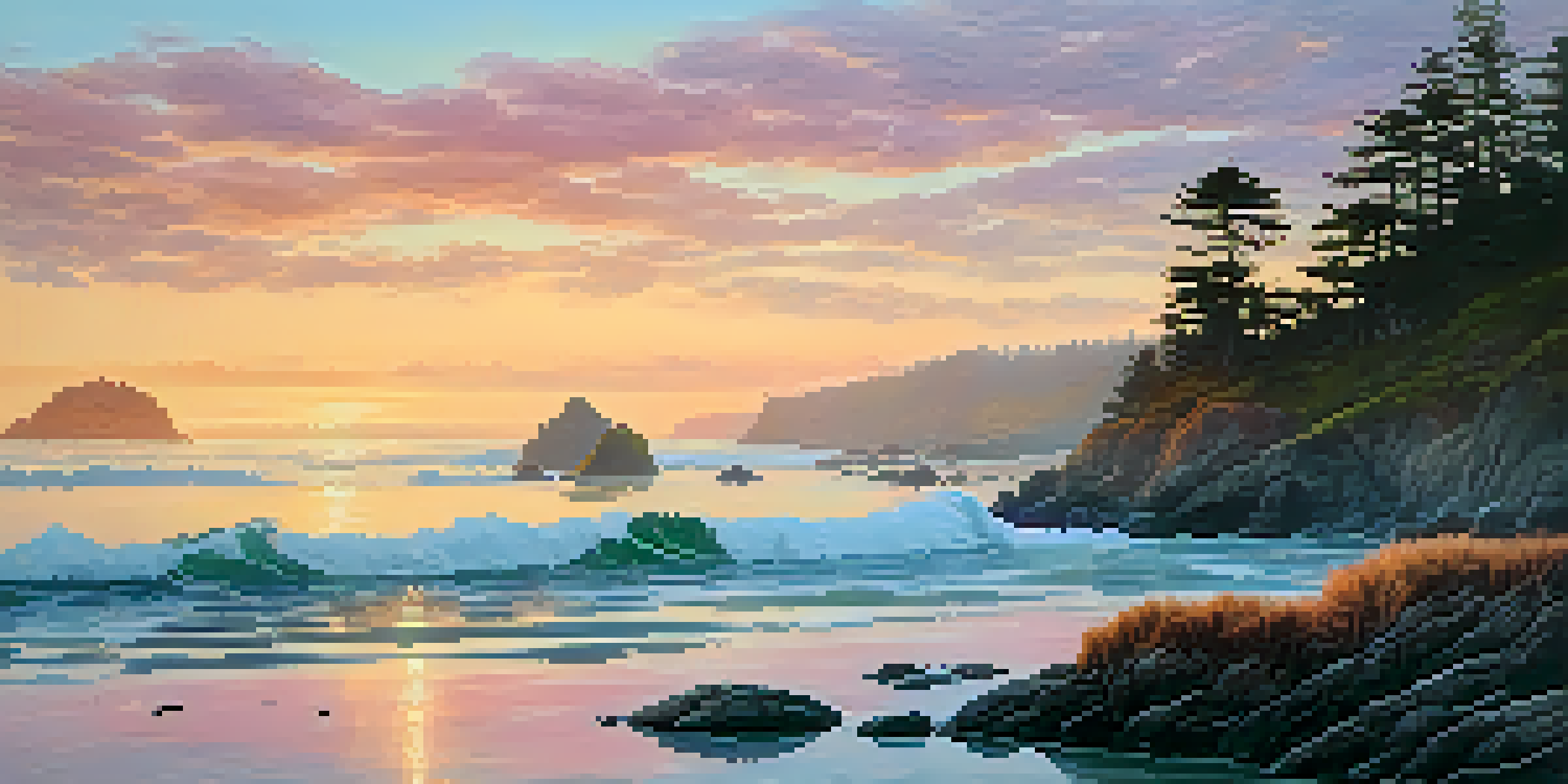 A beautiful sunrise over the Oregon Coast with sea otters floating in the calm ocean waves.