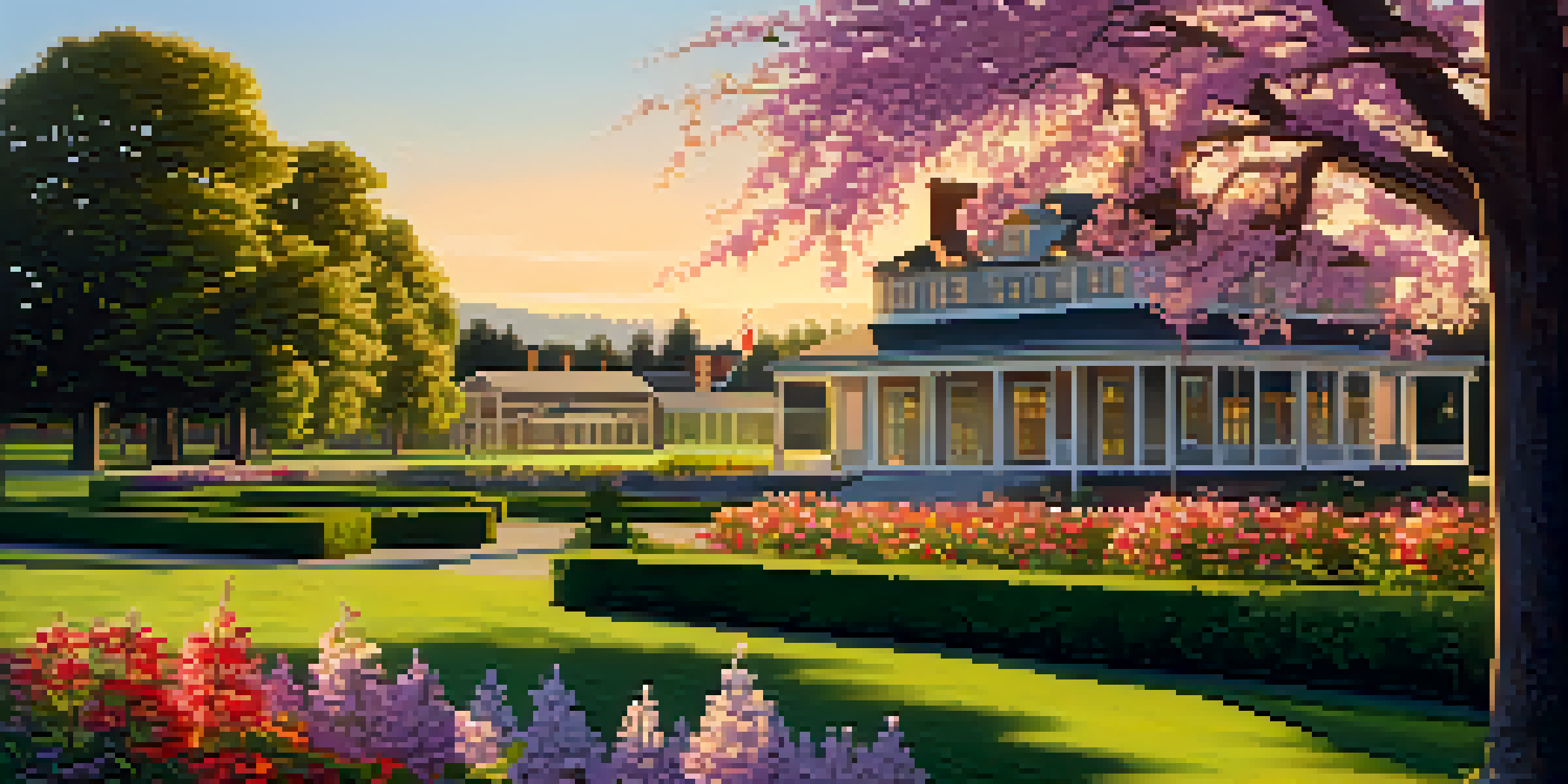 A view of Fort Vancouver with reconstructed buildings, gardens, and a river at sunset, showcasing historical architecture and colorful flowers.
