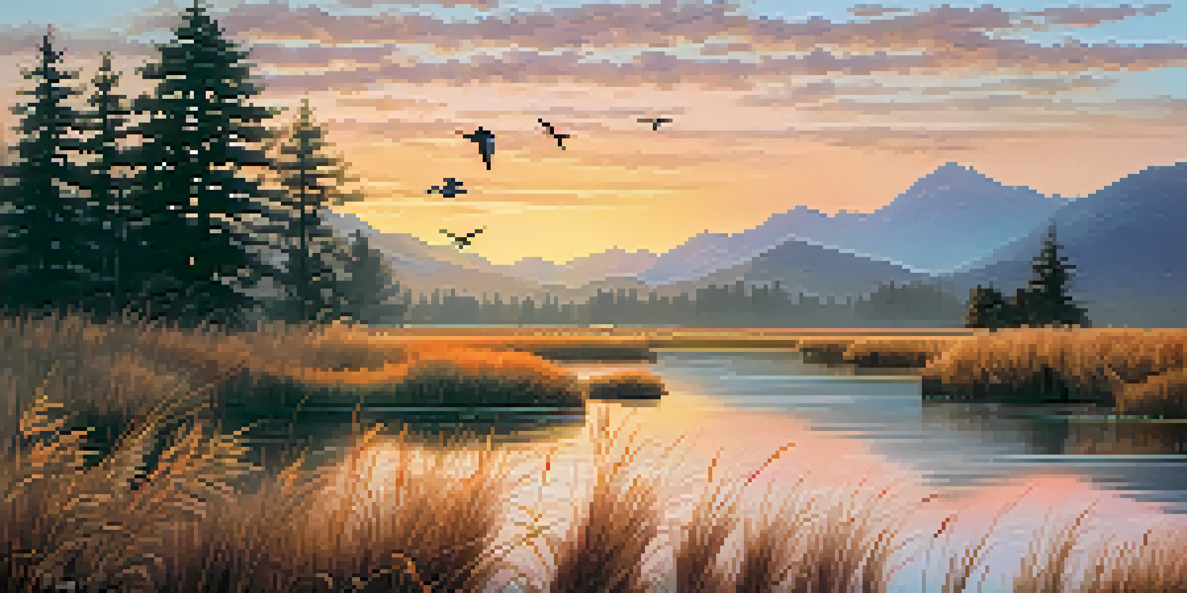A tranquil wetland in Oregon at sunrise, featuring migratory birds foraging in tall grasses with a colorful sky.