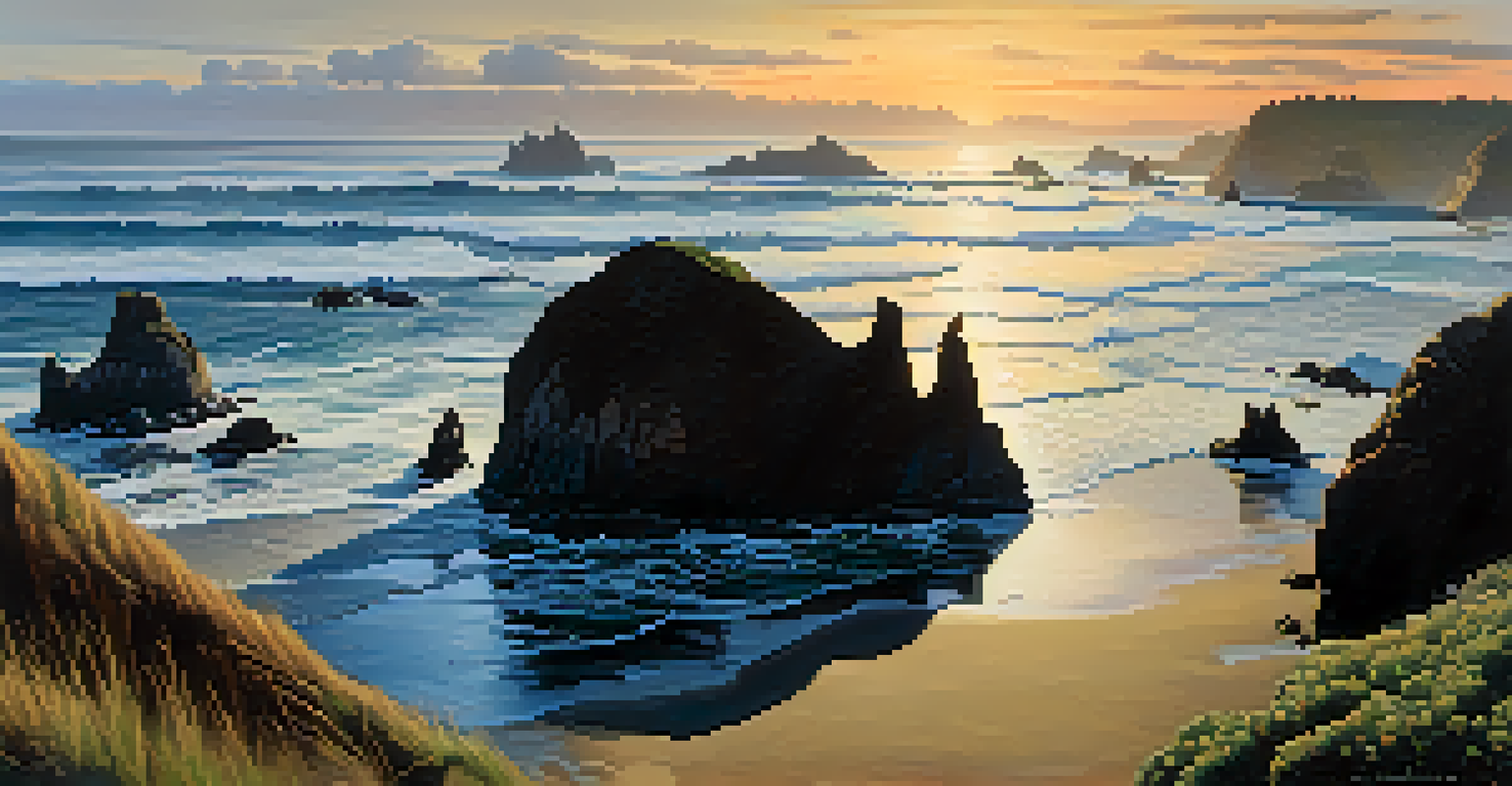 A coastal view from Bandon State Natural Area with dramatic rocks, crashing waves, and a colorful sunset over the ocean.