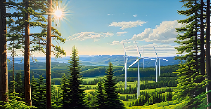 A scenic landscape of Oregon featuring a solar farm in the foreground, surrounded by lush forests and distant wind turbines under a clear blue sky.