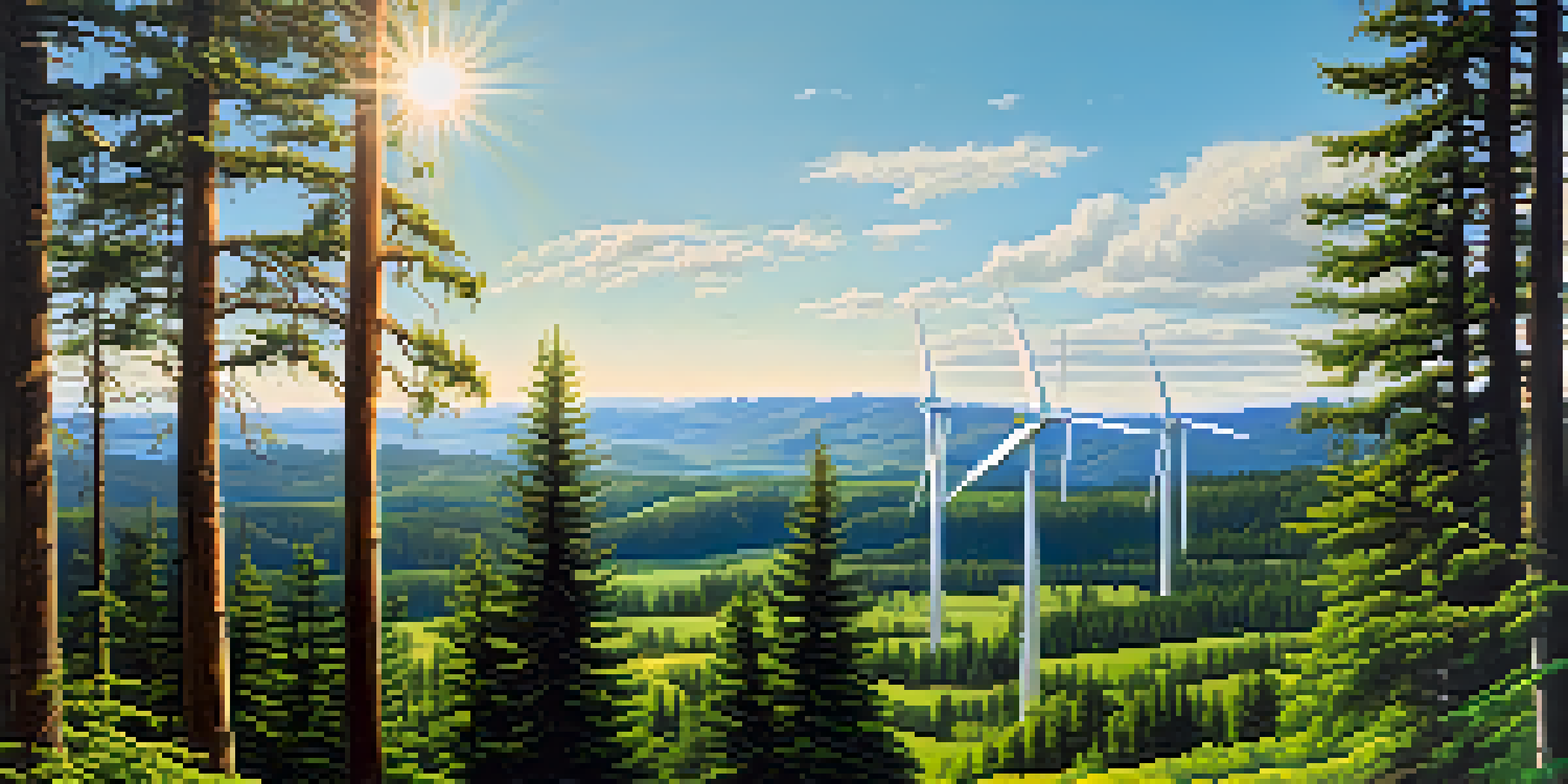 A scenic landscape of Oregon featuring a solar farm in the foreground, surrounded by lush forests and distant wind turbines under a clear blue sky.