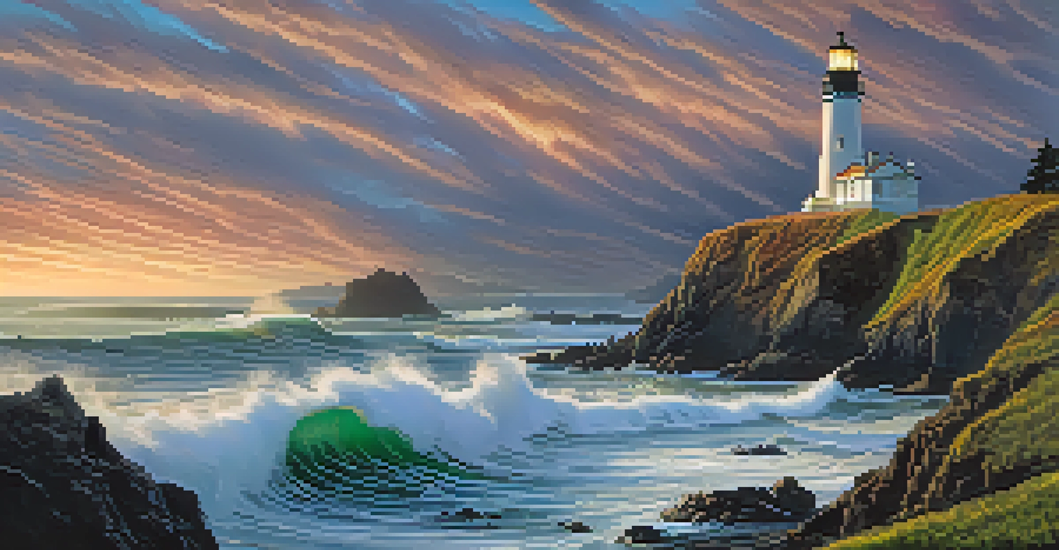 Yaquina Head Lighthouse silhouetted against a vibrant sunset over the ocean, with waves crashing on the rocky coast.