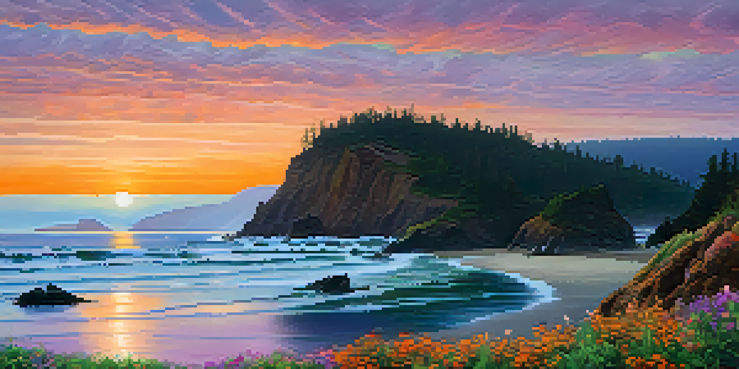 A beautiful sunset over the Oregon Coast with colorful skies, rocky shores, and a couple walking on the beach.