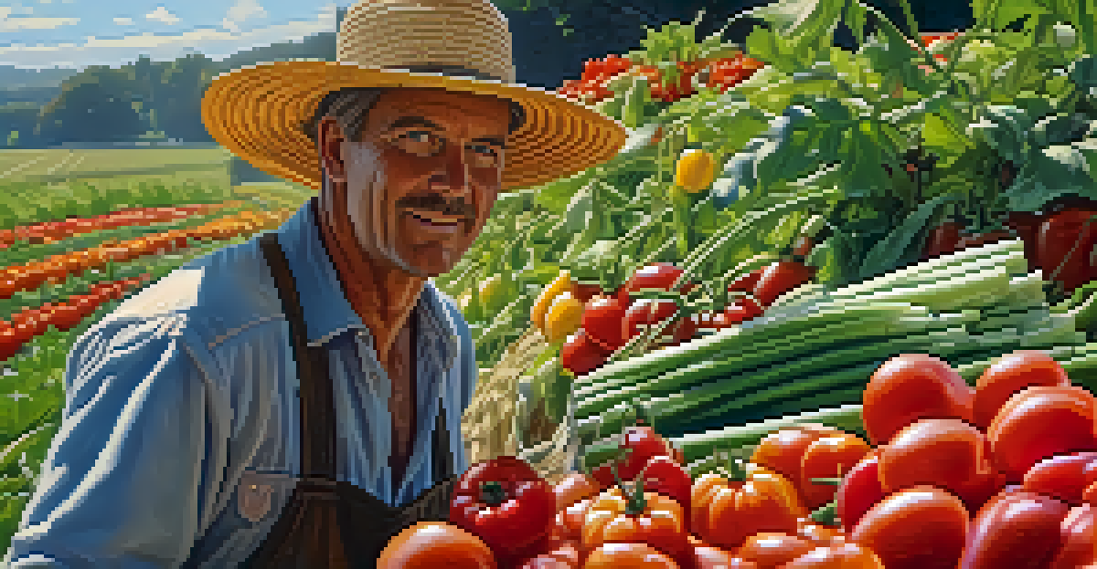 A farmer harvesting organic vegetables in a sunlit field, displaying a variety of colorful produce and surrounded by wildflowers.